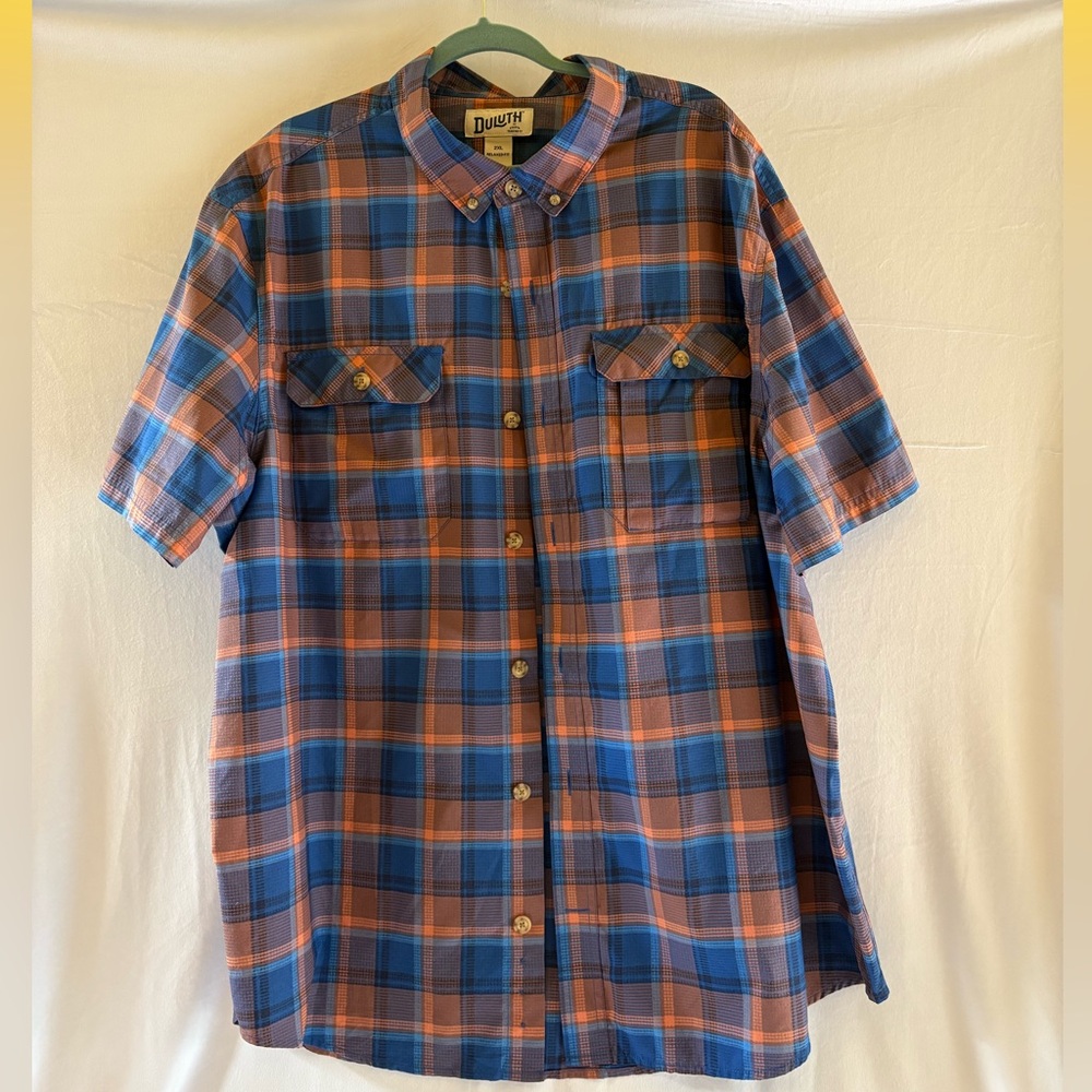 Duluth Trading Co Blue and Orange Casual Button Down Shirt